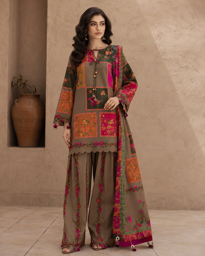 Earthy Floral Digital Printed Shamooz Silk 3 Piece Suit – image 1 of 2