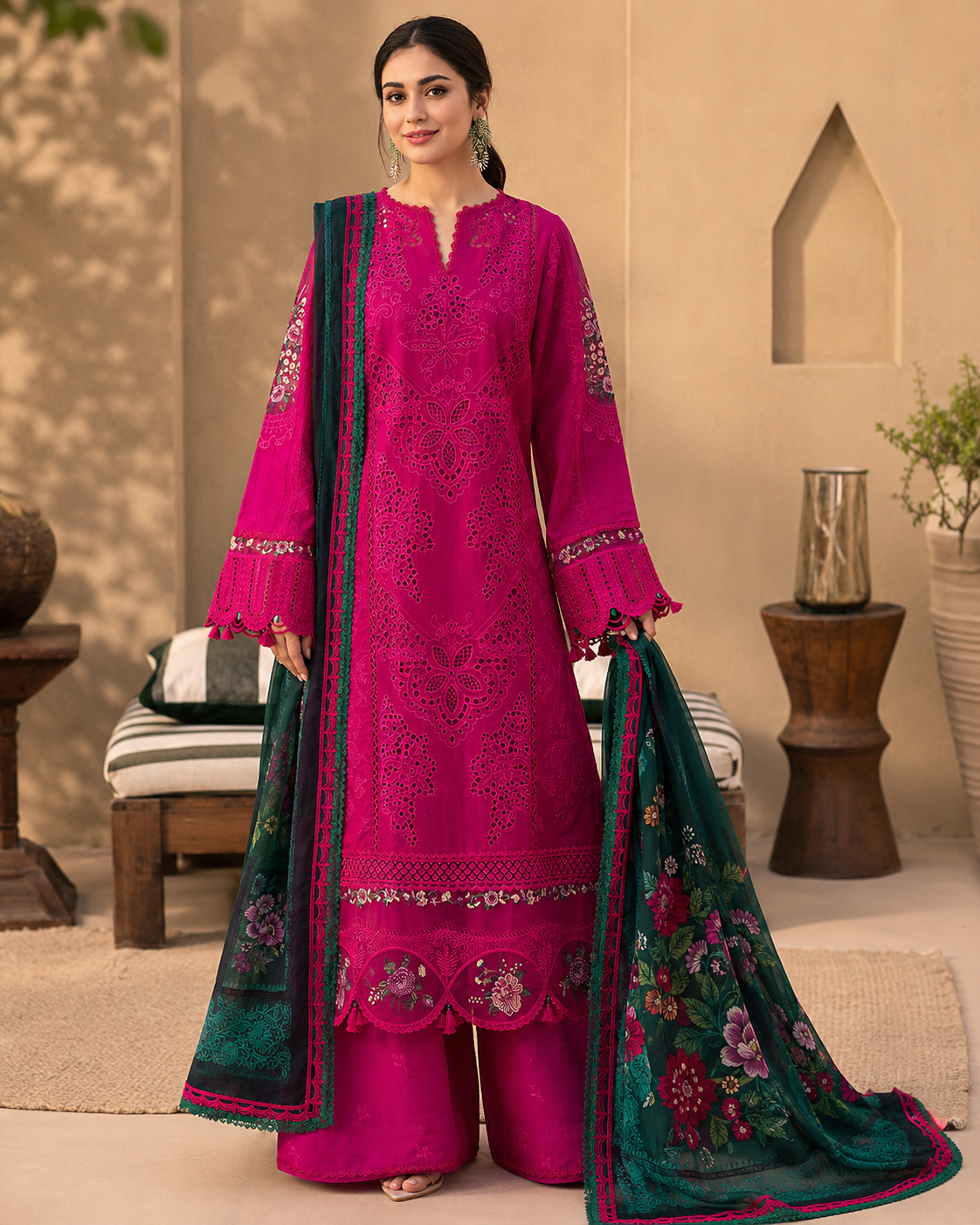 3 Piece Heavy Embroidered Chikankari Lawn Cotton Suit with Digital Silk Dupatta – image 1 of 3