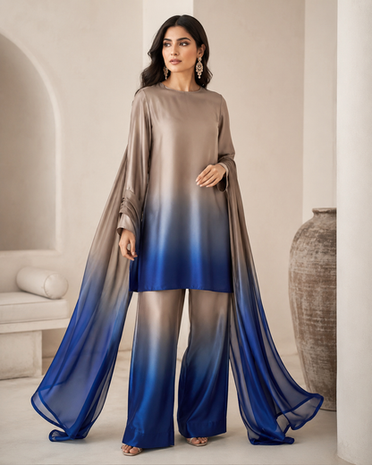 Taupe Blue Ombre Shamooz Silk 3 Piece Suit – image 1 of 2