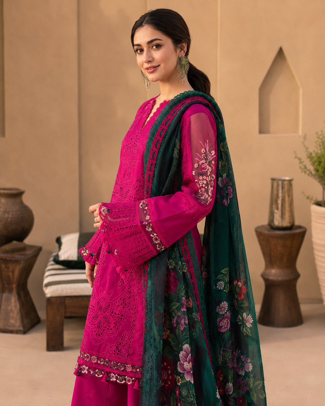 3 Piece Heavy Embroidered Chikankari Lawn Cotton Suit with Digital Silk Dupatta – image 2 of 3