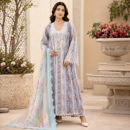 Sky Blue Floral Embroidered 3 Piece Unstitched Lawn Suit – image 1 of 3