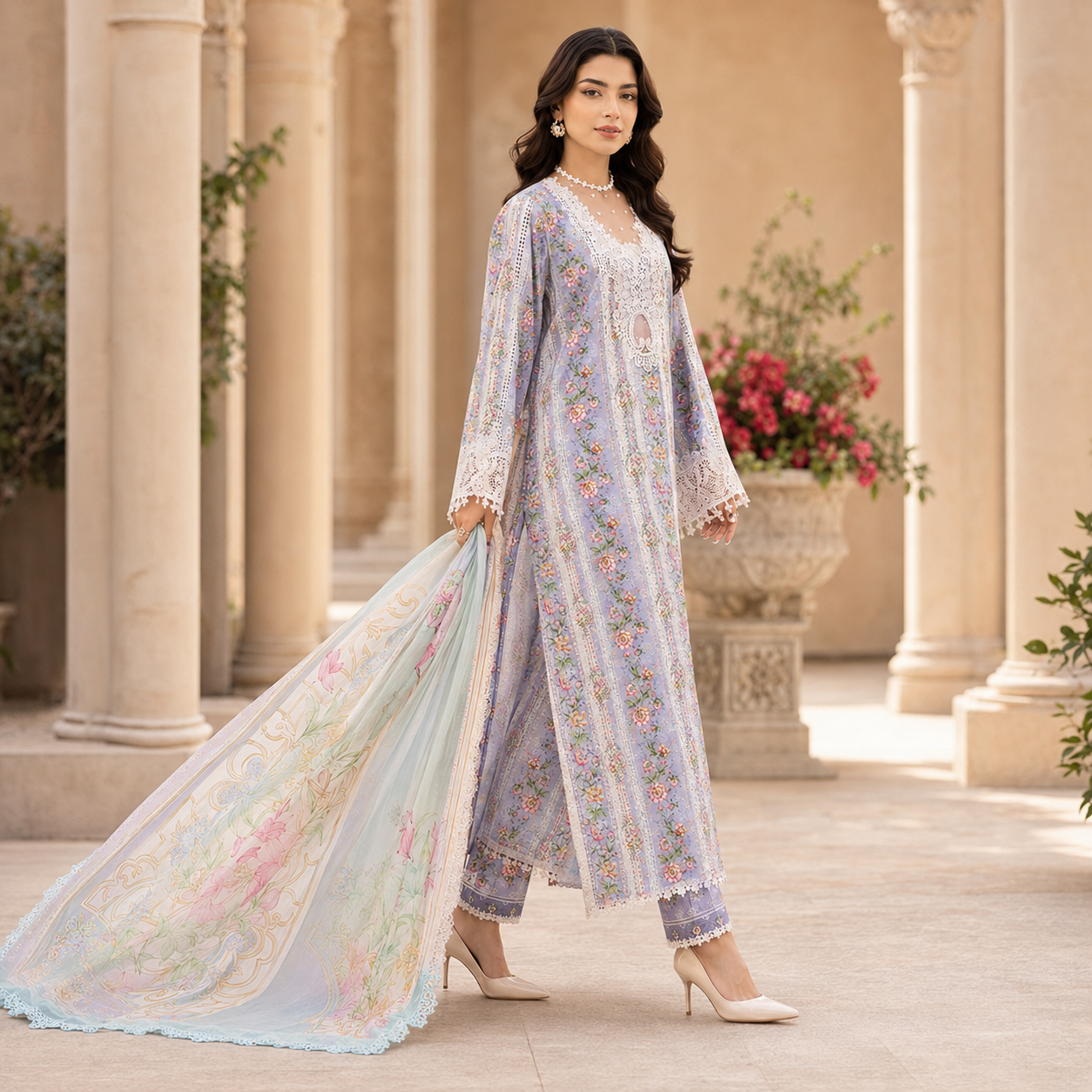 Sky Blue Floral Embroidered 3 Piece Unstitched Lawn Suit – image 2 of 3