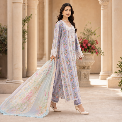 Sky Blue Floral Embroidered 3 Piece Unstitched Lawn Suit – image 2 of 3