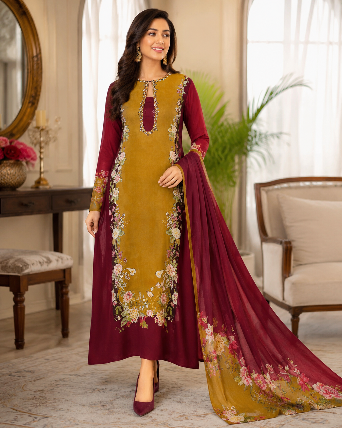 Mustard Maroon Digital Printed Shamooz Silk 3 Piece Suit – image 1 of 2