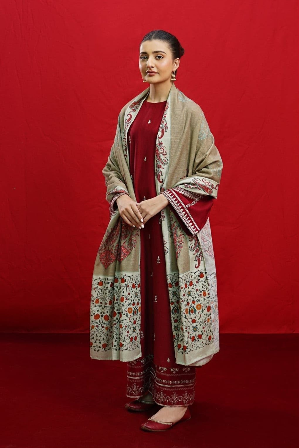 URGE Maroon Heavy Embroidered Unstitched Dhanak 3 Piece Suit with Digital Printed Shawl – image 1 of 3