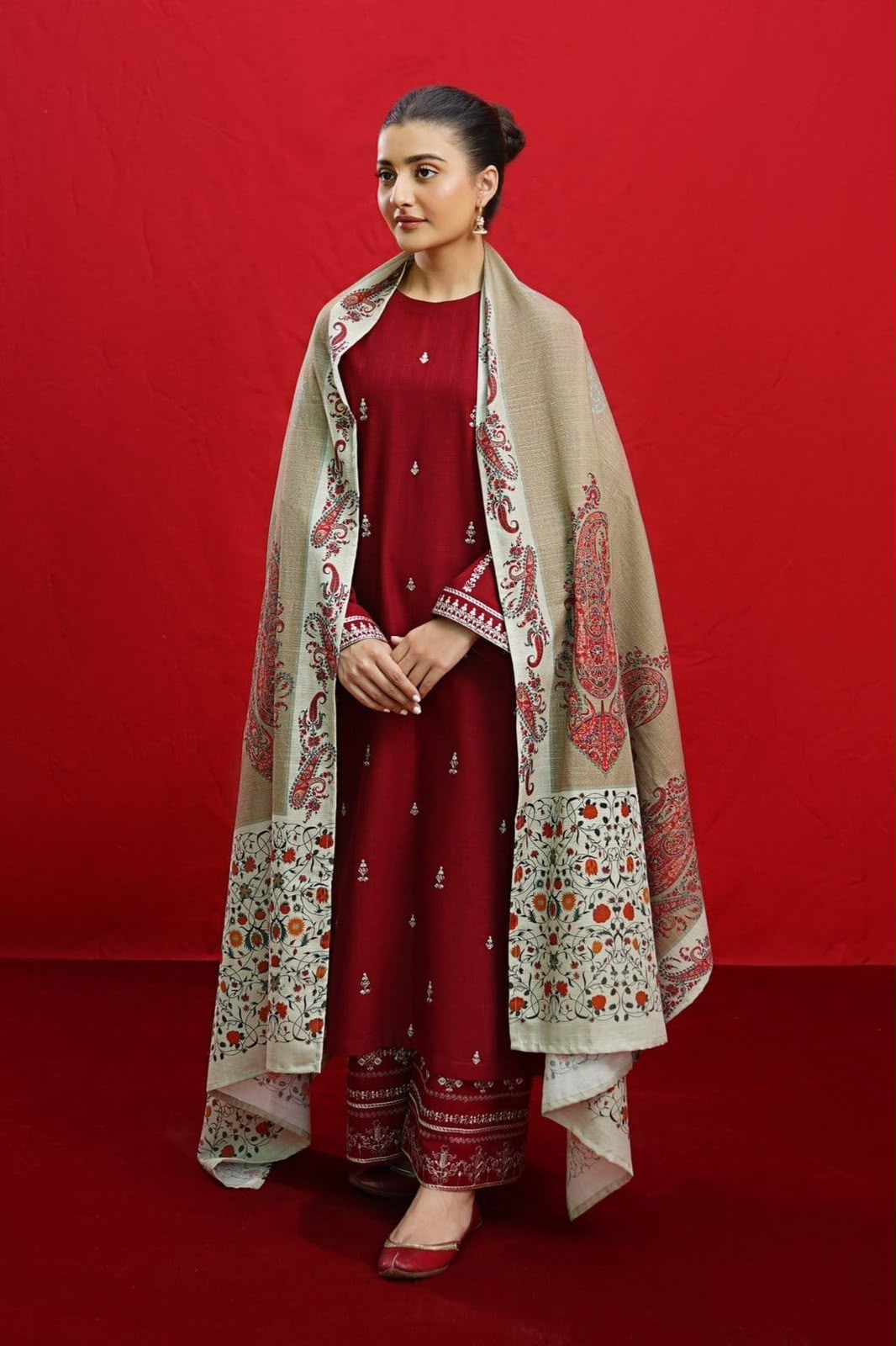 URGE Maroon Heavy Embroidered Unstitched Dhanak 3 Piece Suit with Digital Printed Shawl – image 2 of 3
