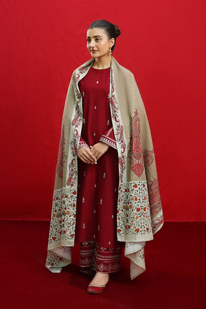 URGE Maroon Heavy Embroidered Unstitched Dhanak 3 Piece Suit with Digital Printed Shawl – image 2 of 3