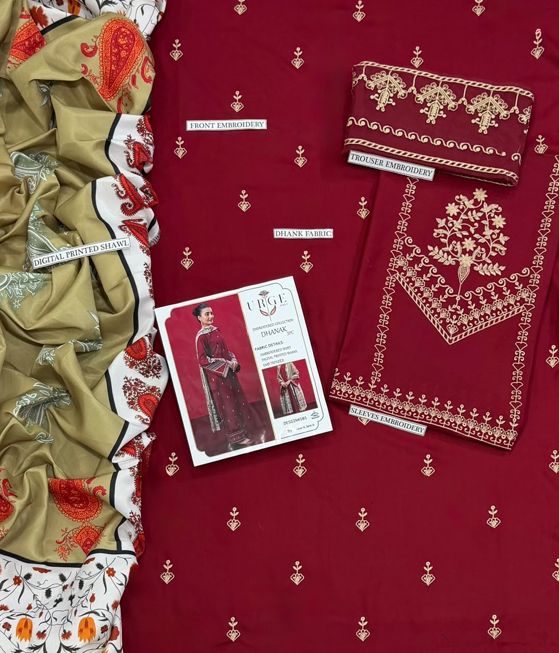 URGE Maroon Heavy Embroidered Unstitched Dhanak 3 Piece Suit with Digital Printed Shawl – image 3 of 3