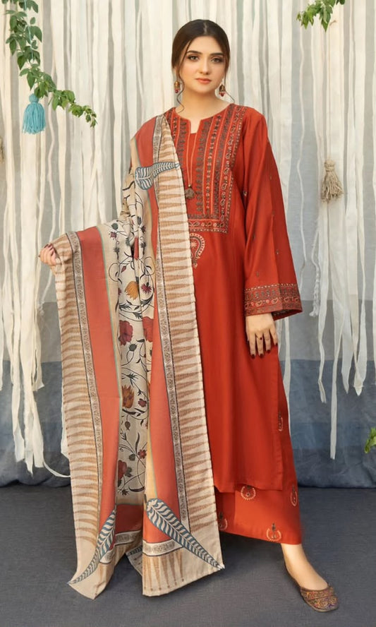 URGE Rust Heavy Embroidered Unstitched Dhanak 3 Piece Suit with Digital Printed Shawl – image 1 of 2