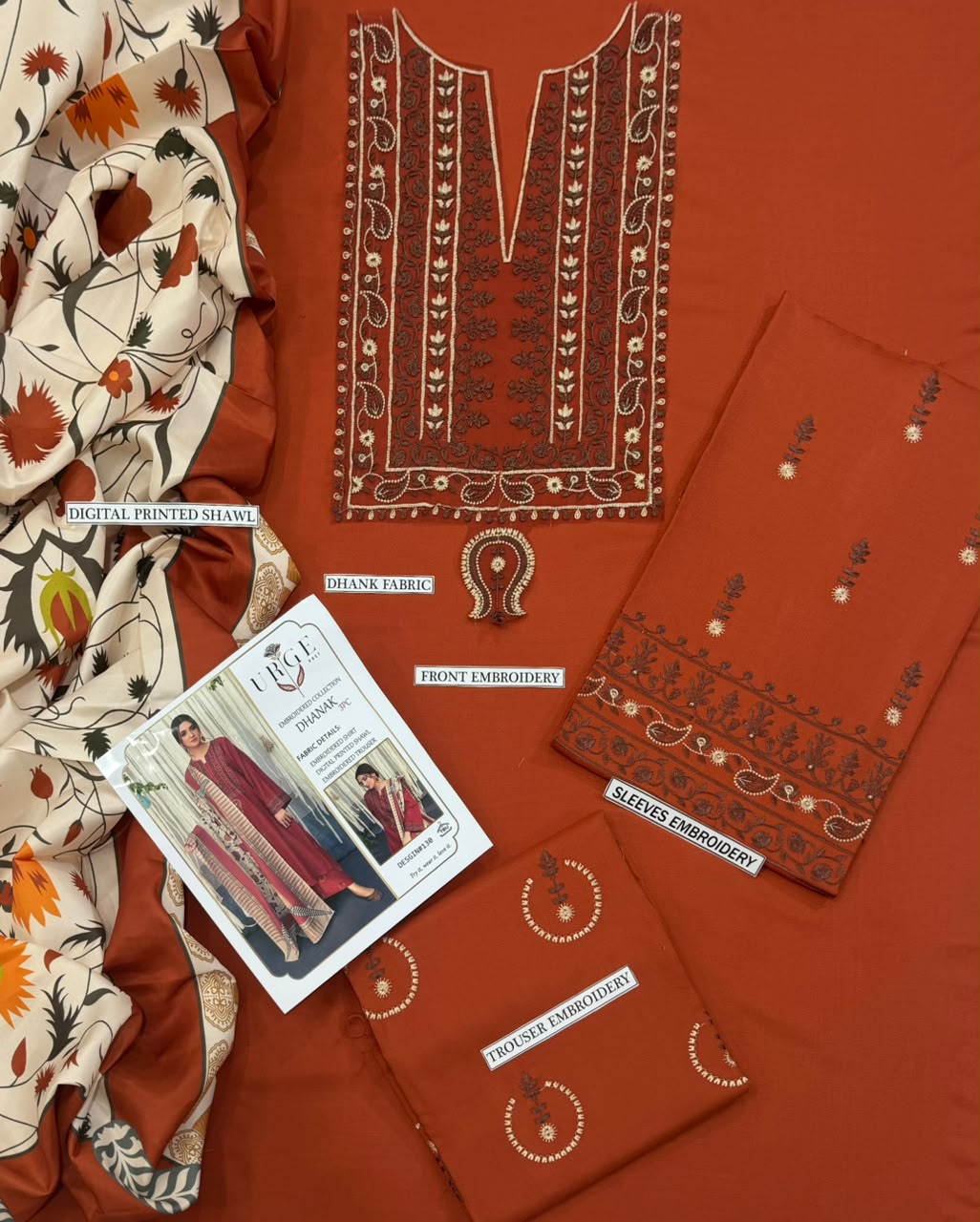 URGE Rust Heavy Embroidered Unstitched Dhanak 3 Piece Suit with Digital Printed Shawl – image 2 of 2