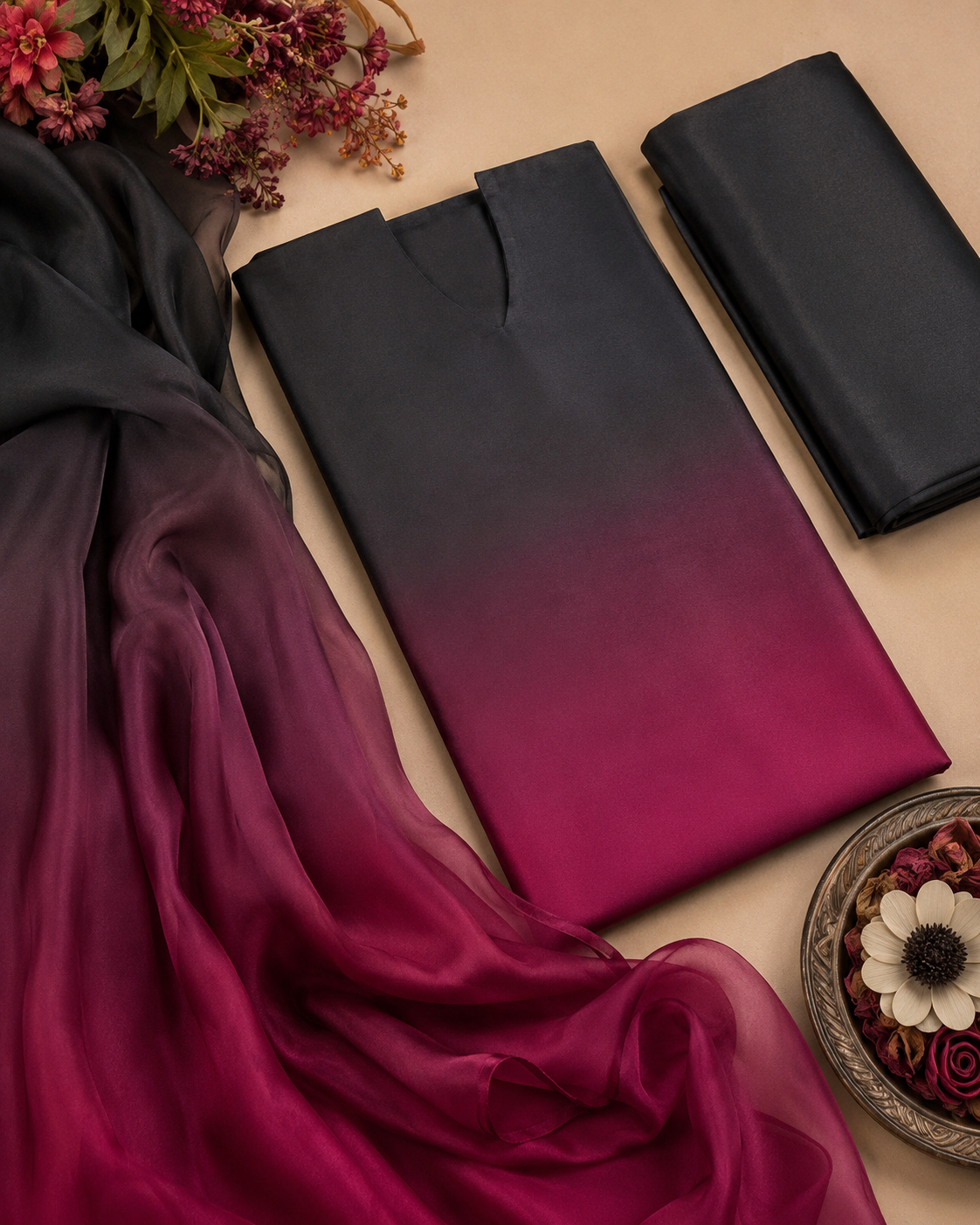 Black Magenta Tie & Dye Shamooz Silk 3 Piece Suit – image 3 of 3
