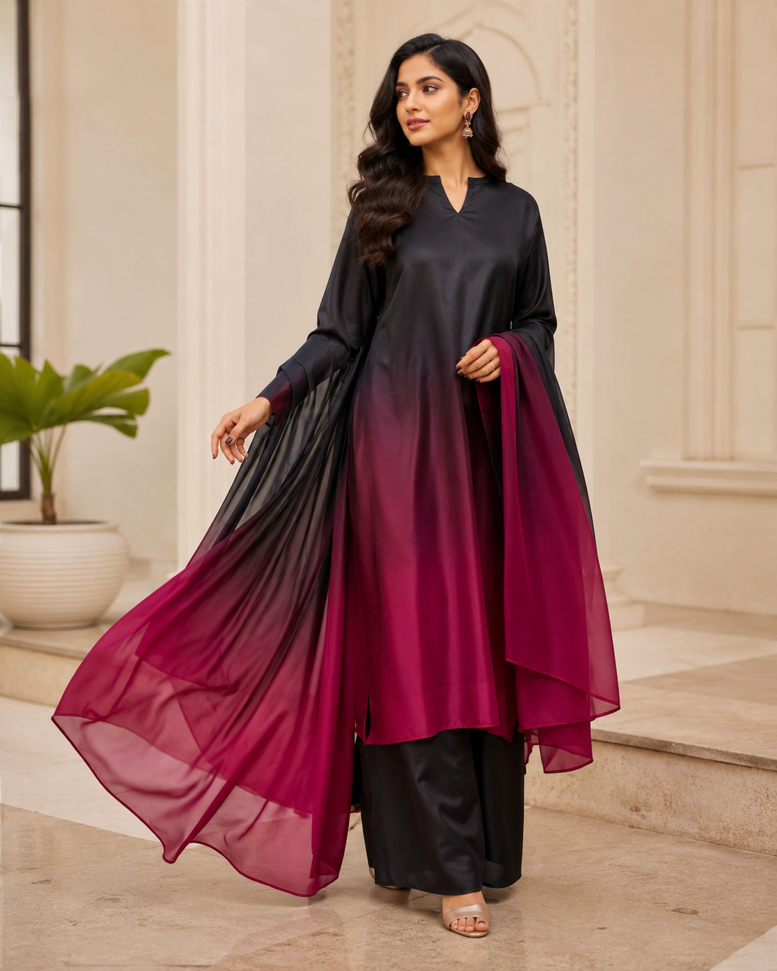 Black Magenta Tie & Dye Shamooz Silk 3 Piece Suit – image 2 of 3