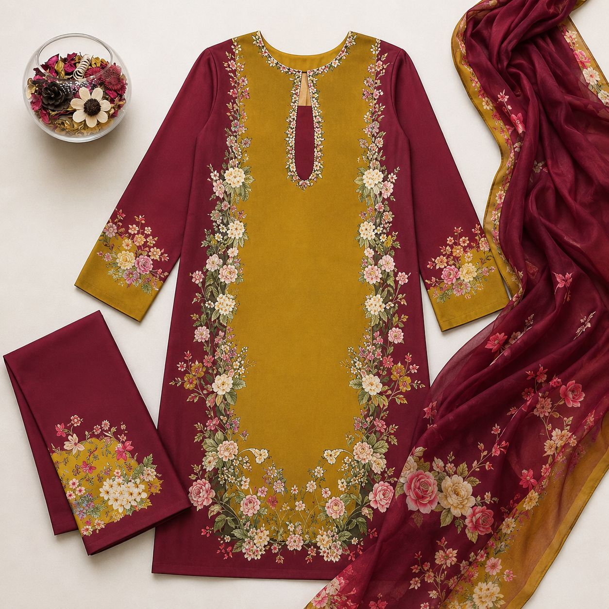 Mustard Maroon Digital Printed Shamooz Silk 3 Piece Suit – image 2 of 2
