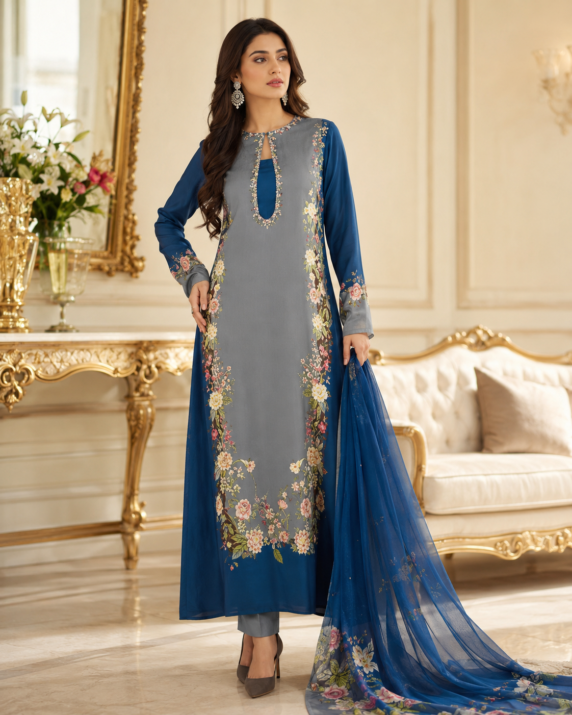 Grey Blue Floral Digital Printed Shamooz Silk 3 Piece Suit – image 1 of 2