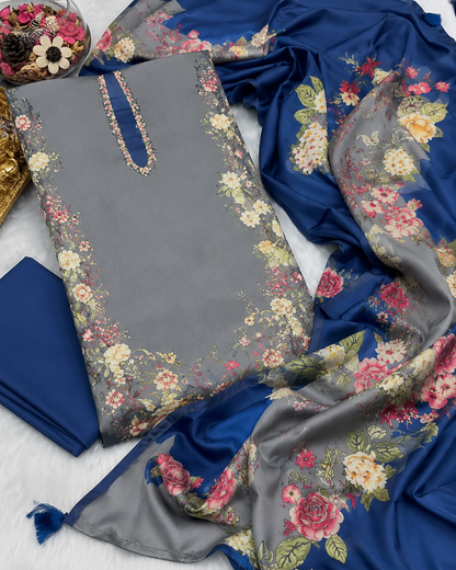 Grey Blue Floral Digital Printed Shamooz Silk 3 Piece Suit – image 2 of 2