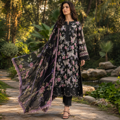 Butterfly Embroidered 3 Piece Unstitched Lawn Chikankari Suit