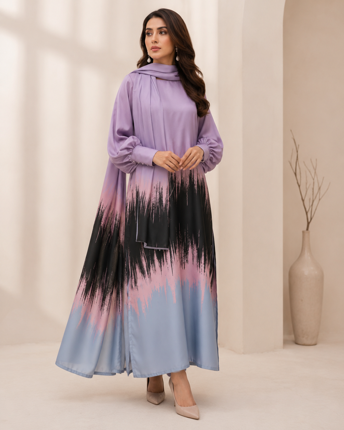 Lavender Blue Tie & Dye Digital Printed Shamooz Silk Suit – image 1 of 2