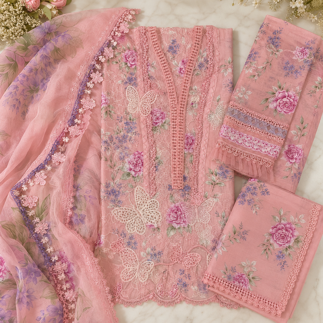 Butterfly Embroidered 3 Piece Unstitched Lawn Chikankari Suit – Pink – image 3 of 3