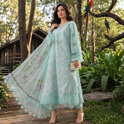 Butterfly Embroidered 3 Piece Unstitched Lawn Chikankari Suit