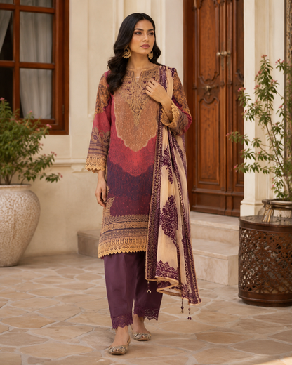 Maroon Digital Print 3 Piece Unstitched Lawn Suit – image 1 of 3