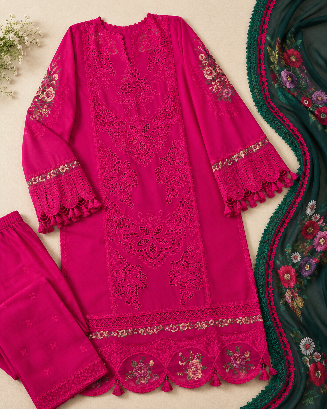 3 Piece Heavy Embroidered Chikankari Lawn Cotton Suit with Digital Silk Dupatta – image 3 of 3