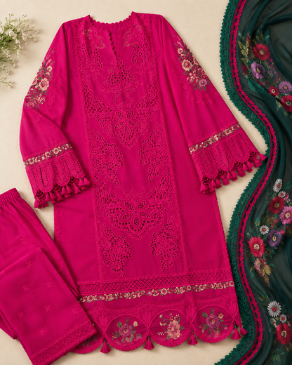3 Piece Heavy Embroidered Chikankari Lawn Cotton Suit with Digital Silk Dupatta – image 3 of 3