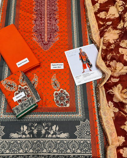 Orange Digital Print 3 Piece Unstitched Lawn Suit – image 3 of 3