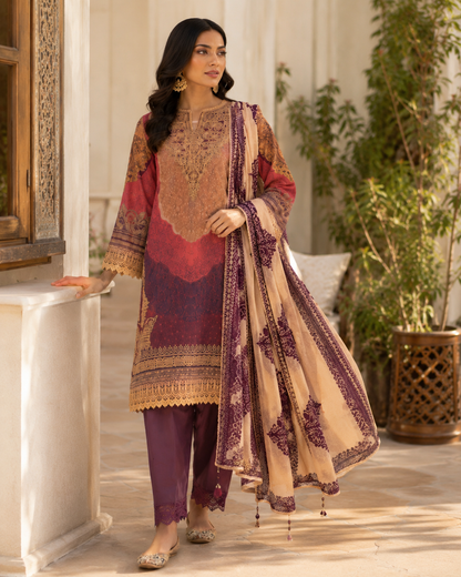 Maroon Digital Print 3 Piece Unstitched Lawn Suit – image 2 of 3