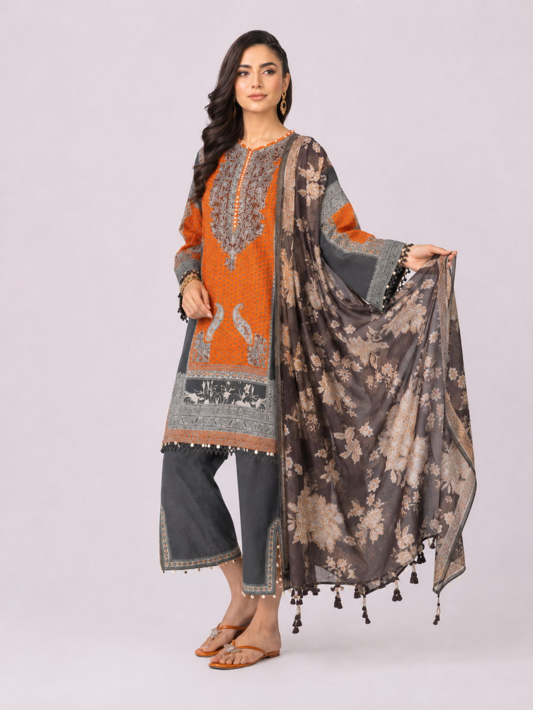 Orange Digital Print 3 Piece Unstitched Lawn Suit – image 2 of 3