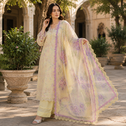 Butterfly Embroidered 3 Piece Unstitched Lawn Chikankari Suit – Pale Yellow – image 2 of 3
