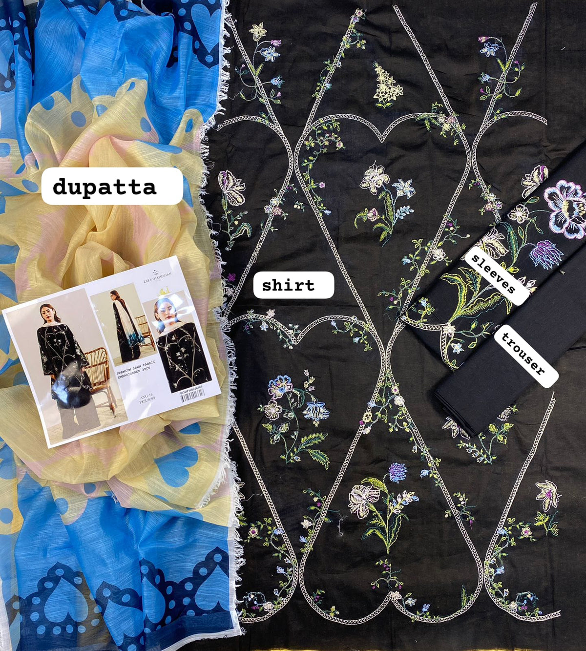 Zara Shahjahan Black Floral Vine Embroidered Unstitched Lawn 3 Piece Suit – image 3 of 3
