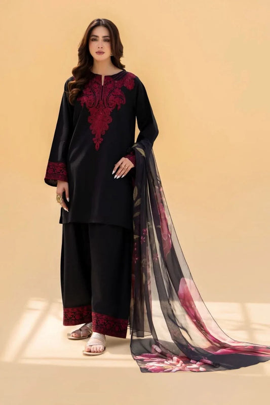 Zaroon Black Red Heavy Embroidered Unstitched Dhanak 3 Piece Suit with Digital Printed Shawl – image 1 of 3