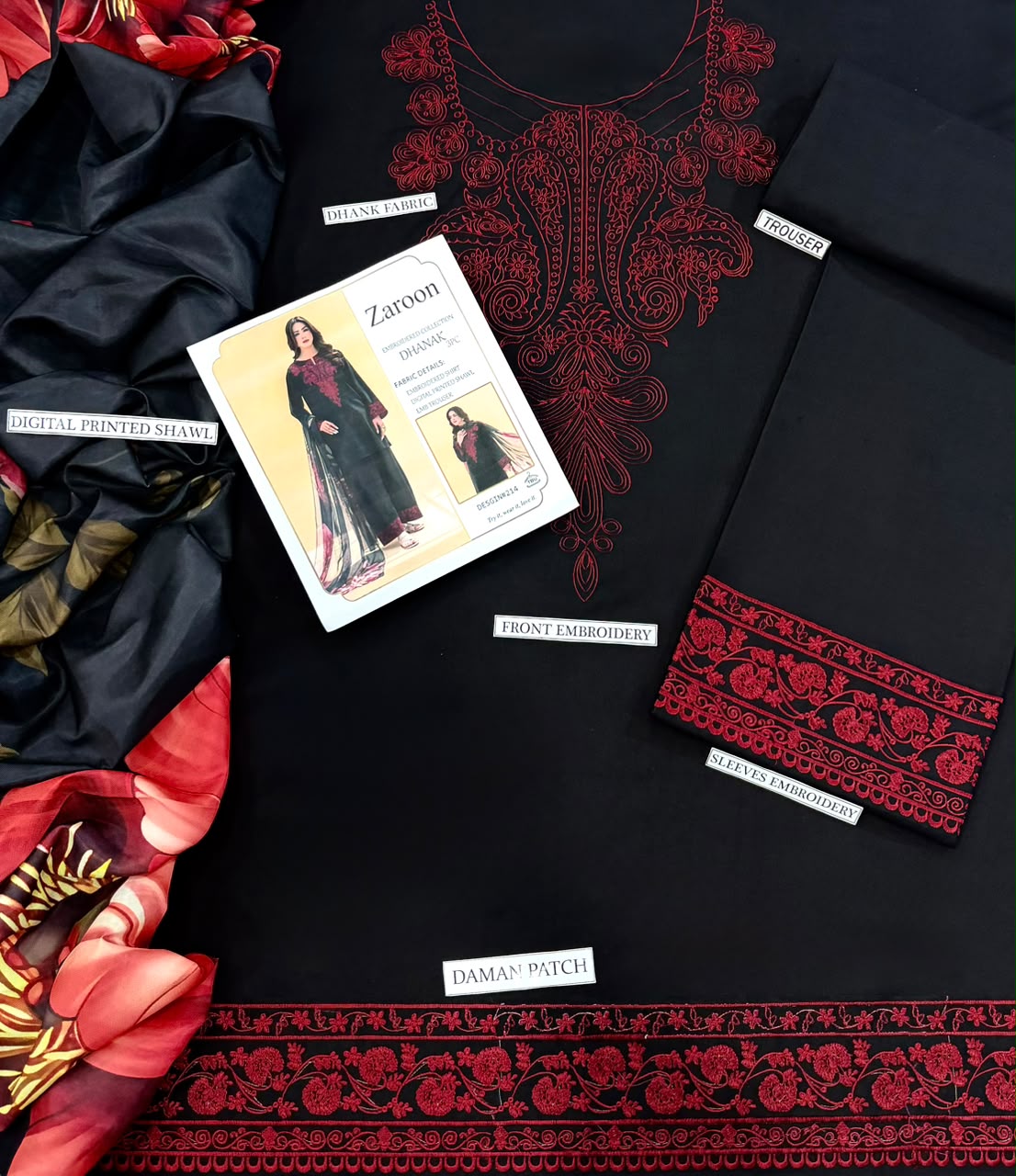 Zaroon Black Red Heavy Embroidered Unstitched Dhanak 3 Piece Suit with Digital Printed Shawl – image 3 of 3