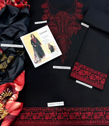 Zaroon Black Red Heavy Embroidered Unstitched Dhanak 3 Piece Suit with Digital Printed Shawl – image 3 of 3
