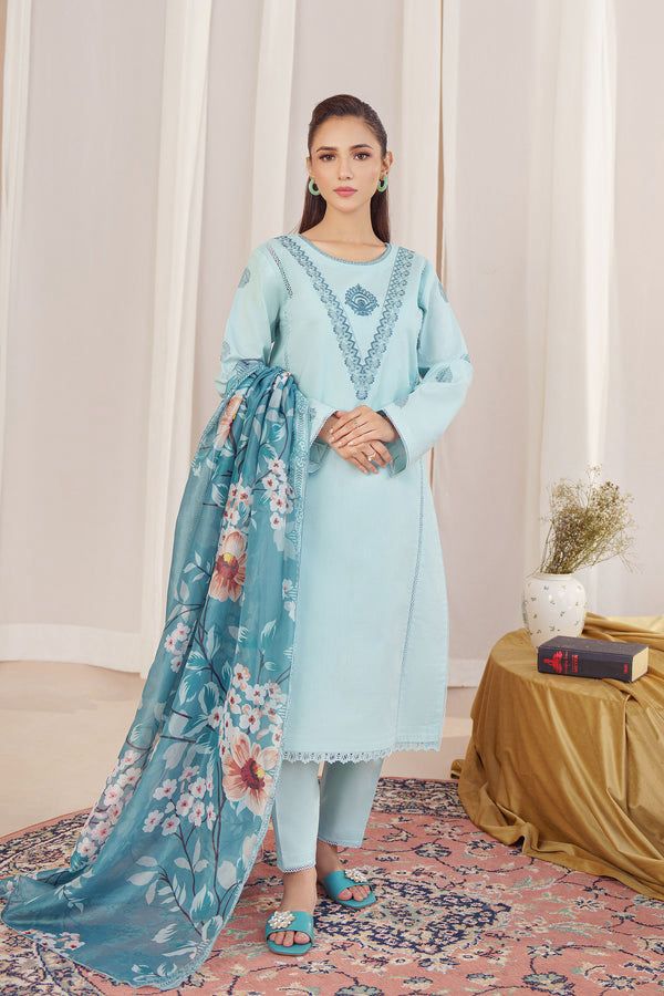 ZIVA Mint Heavy Embroidered Unstitched Dhanak 3 Piece Suit with Digital Printed Shawl – image 2 of 3