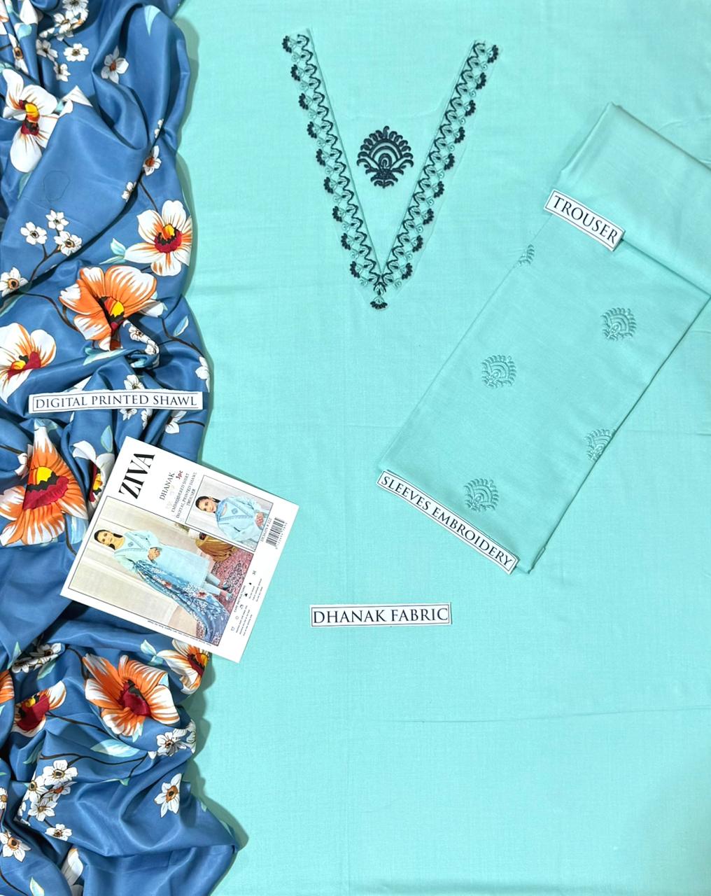 ZIVA Mint Heavy Embroidered Unstitched Dhanak 3 Piece Suit with Digital Printed Shawl – image 3 of 3