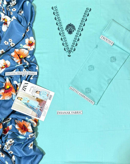 ZIVA Mint Heavy Embroidered Unstitched Dhanak 3 Piece Suit with Digital Printed Shawl – image 3 of 3